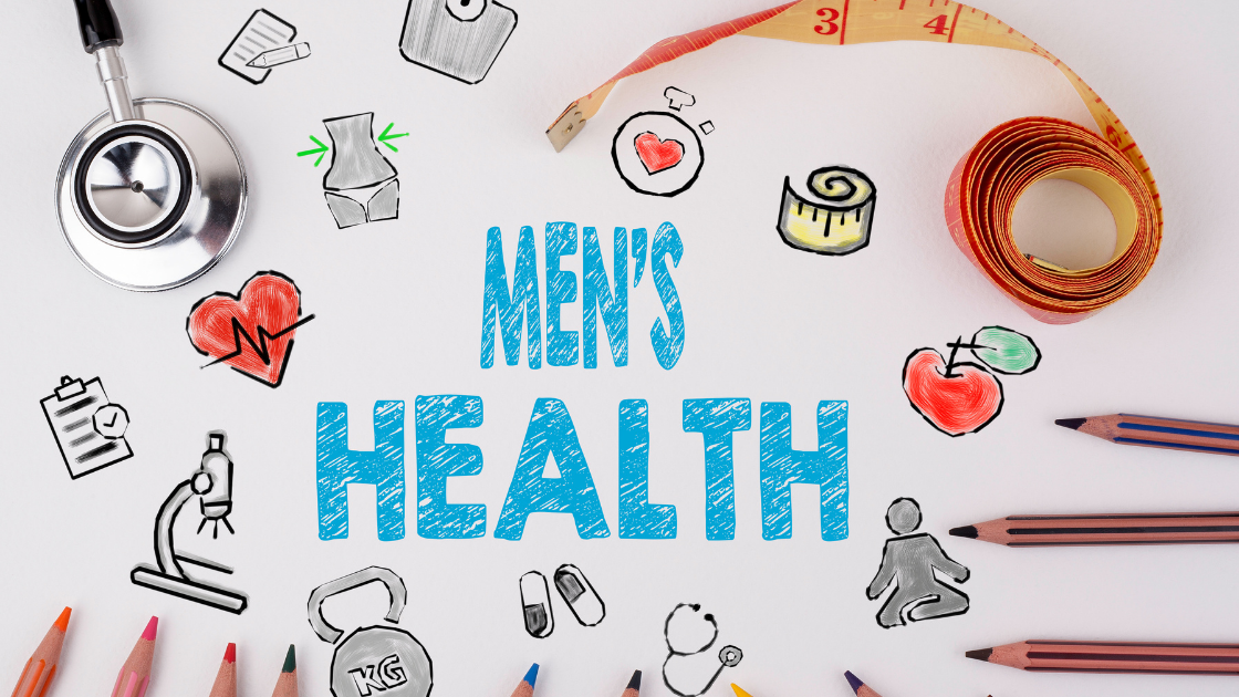 Graphic with the wording Men's Health featuring cartoon health icons